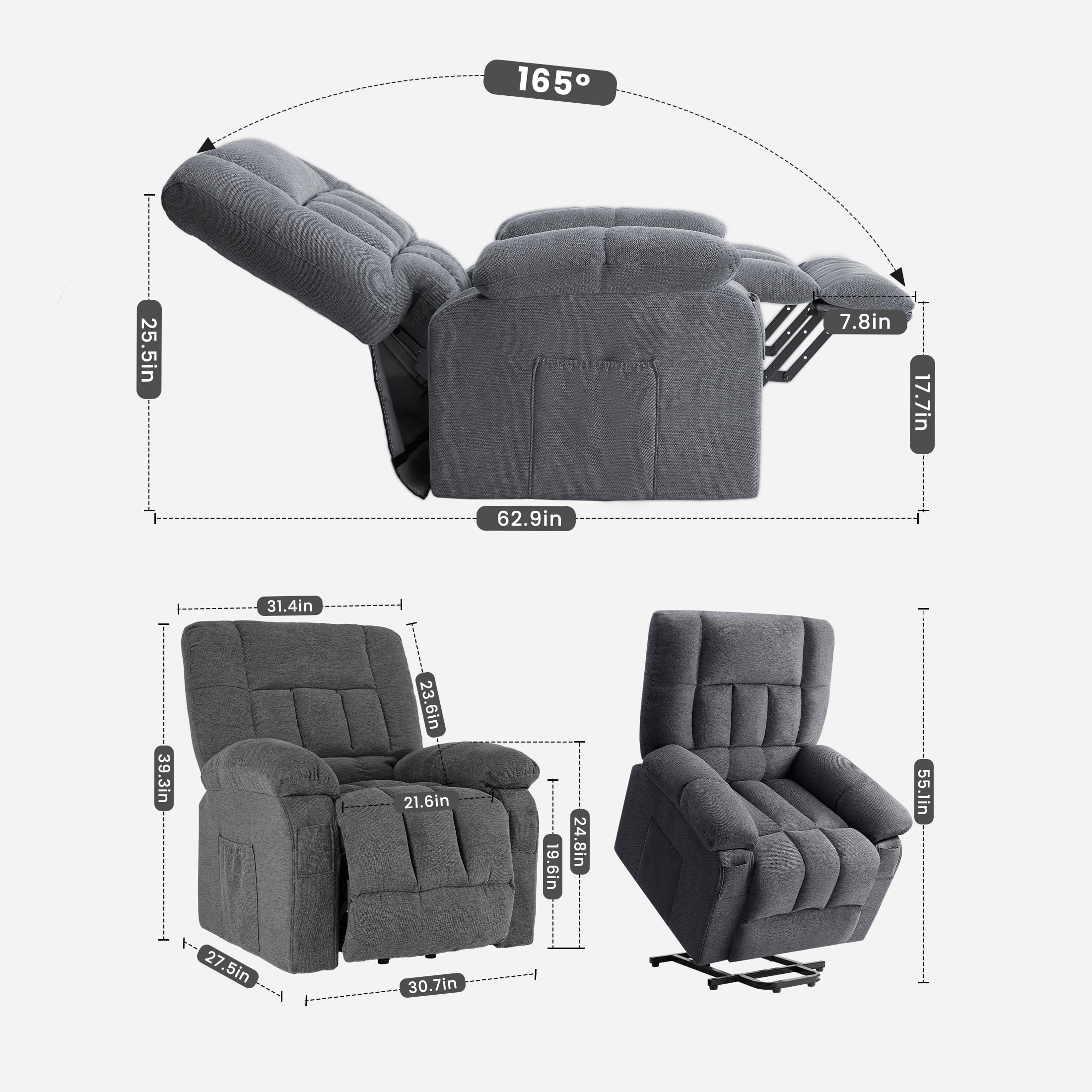 Power Lift Recliner Chair with Vibration Massage and Heat for Elderly, Ergonomic Overstuffed Breathable Fabric Reclining Chair,Grey