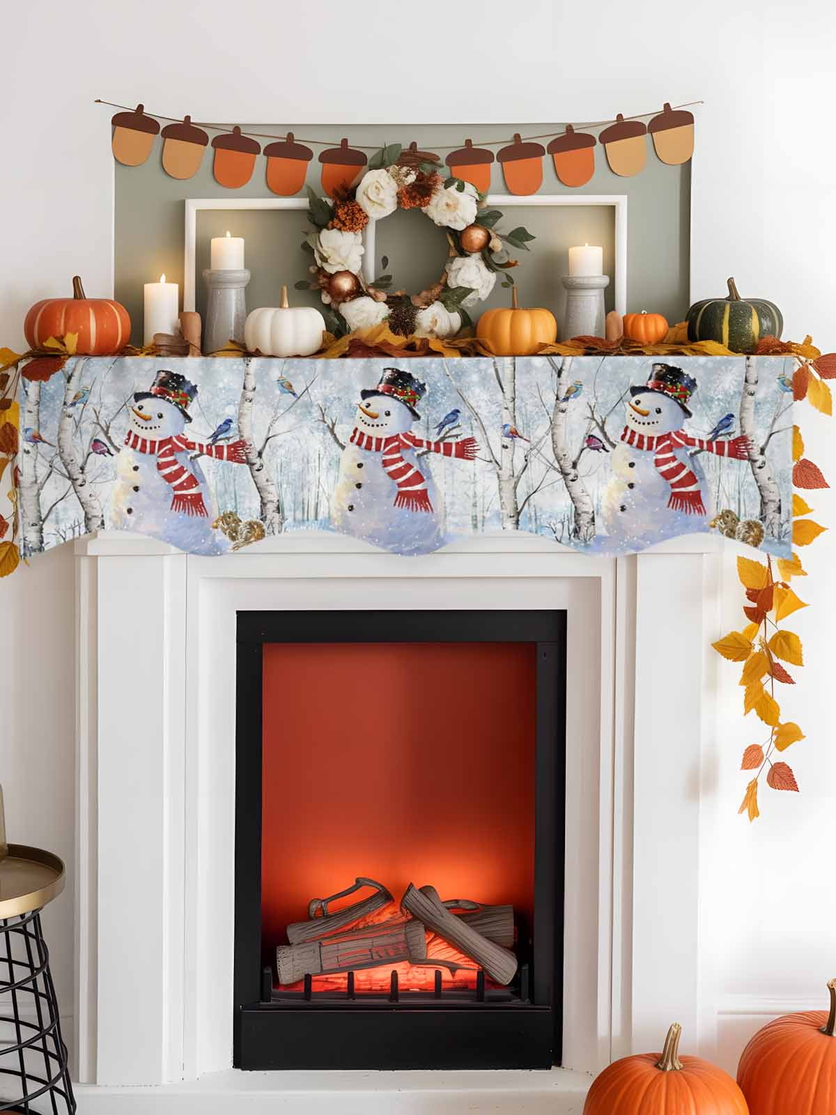 Christmas Snowman Fireplace Mantle Scarf Winter Forster Squirrels Xmas Bird Snowfall Mantel Cover Runner Fireplace Cloth for Holiday Party Home Living Room Decor 70 x 17 Inch