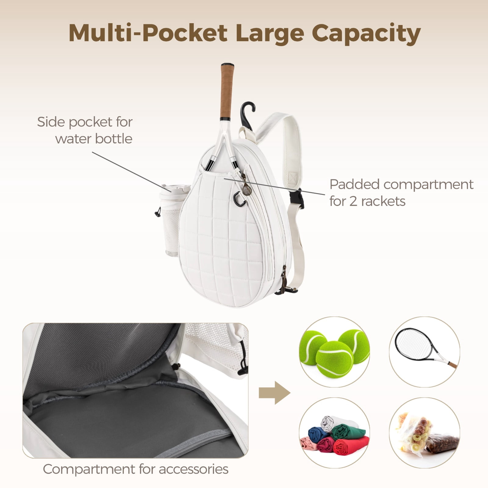 Multi-pocket Tennis Bag, Tennis Backpack for 2 Rackets, Quilted Crossbody Sling Bag, Waterproof Tennis Sling Backpack for Women and Men, Sports Pickleball Bag