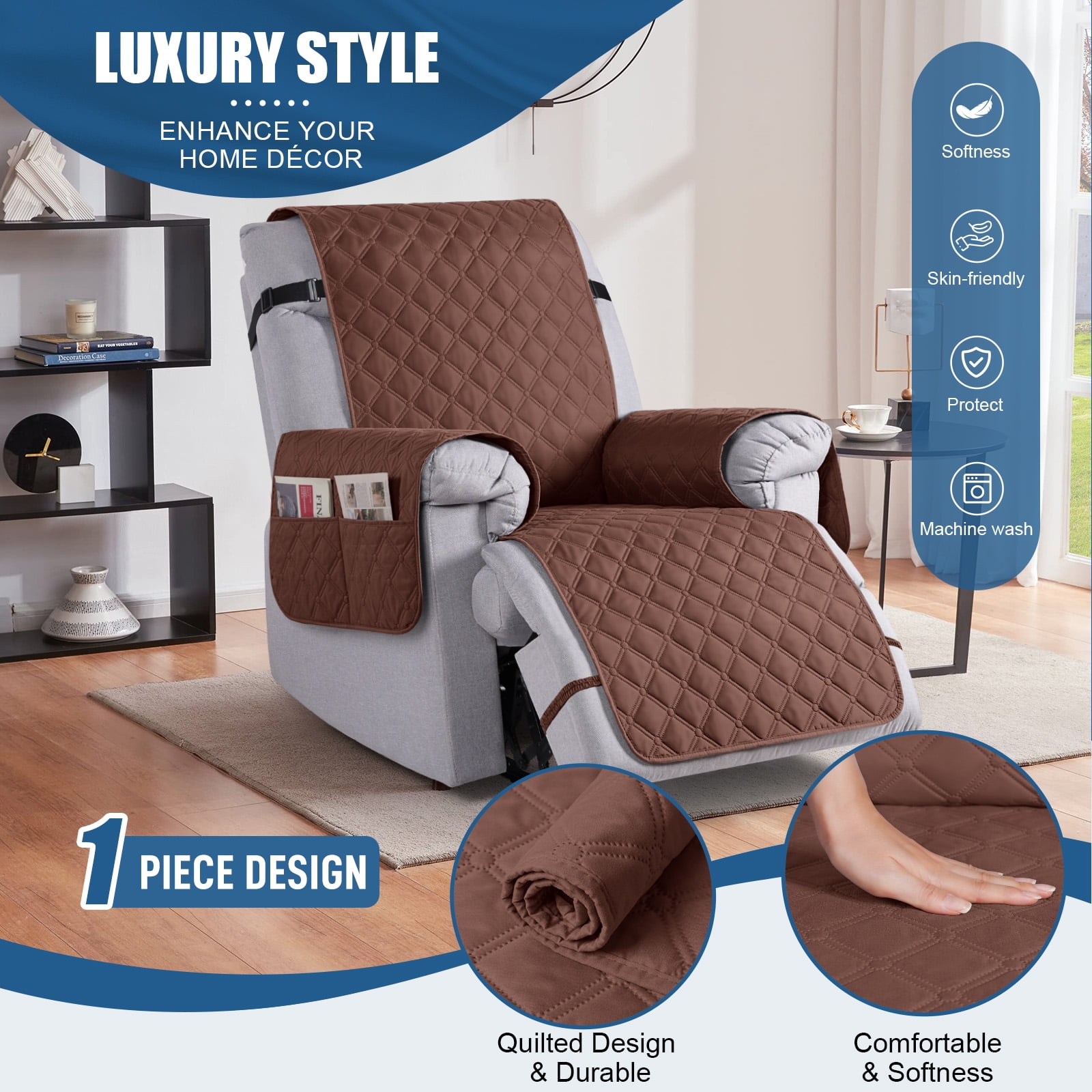 Timeles Waterproof Recliner Covers, Recliner Chair Covers with Leg Straps, Reversible Recliner Couch Cover for 1 Seat Reclining Sofa, Washable Chair Protector for Pets Kids(1 Seater 22", Coffee)