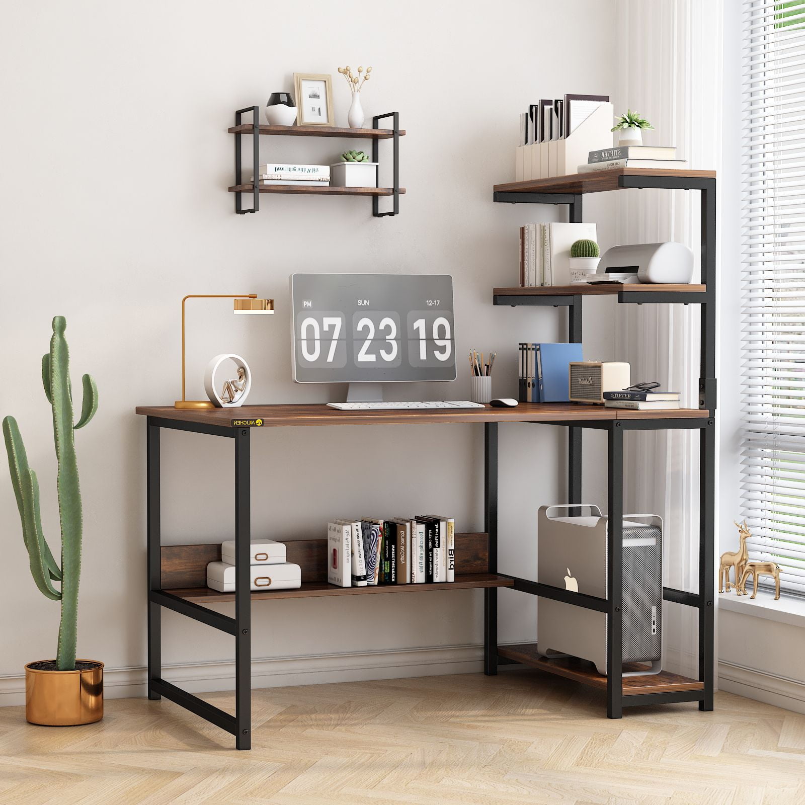 Computer Desk with 4-Tier Storage Shelves, 43.6 inch Modern Large Office Desk Computer Table Studying Writing Desk Workstation with Bookshelf and Tower Shelf for Home Office