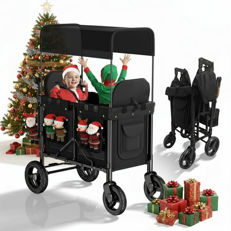 TABU Stroller Wagon for 2 Kids,2 Seater Stroller Wagon with Adjustable Handles,5-Point Harnesses,Black