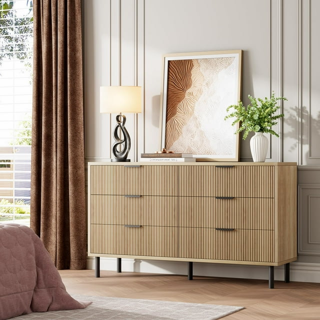 Yiwa Grande Table de Nuit en Bois, Commode Cannelée à 6 Tiroirs, Rangement pour Chambre et Entrée