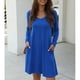 thumbnail image 2 of Vestido con cuello en V para mujer Vestido casual de color puro Bolsillos laterales elegantes Vestido de manga larga Azul S, 2 of 7