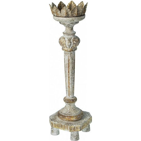 - Candle Holder Candlestick Gold Accents Distressed White Brown Carved Woo CW-1054
