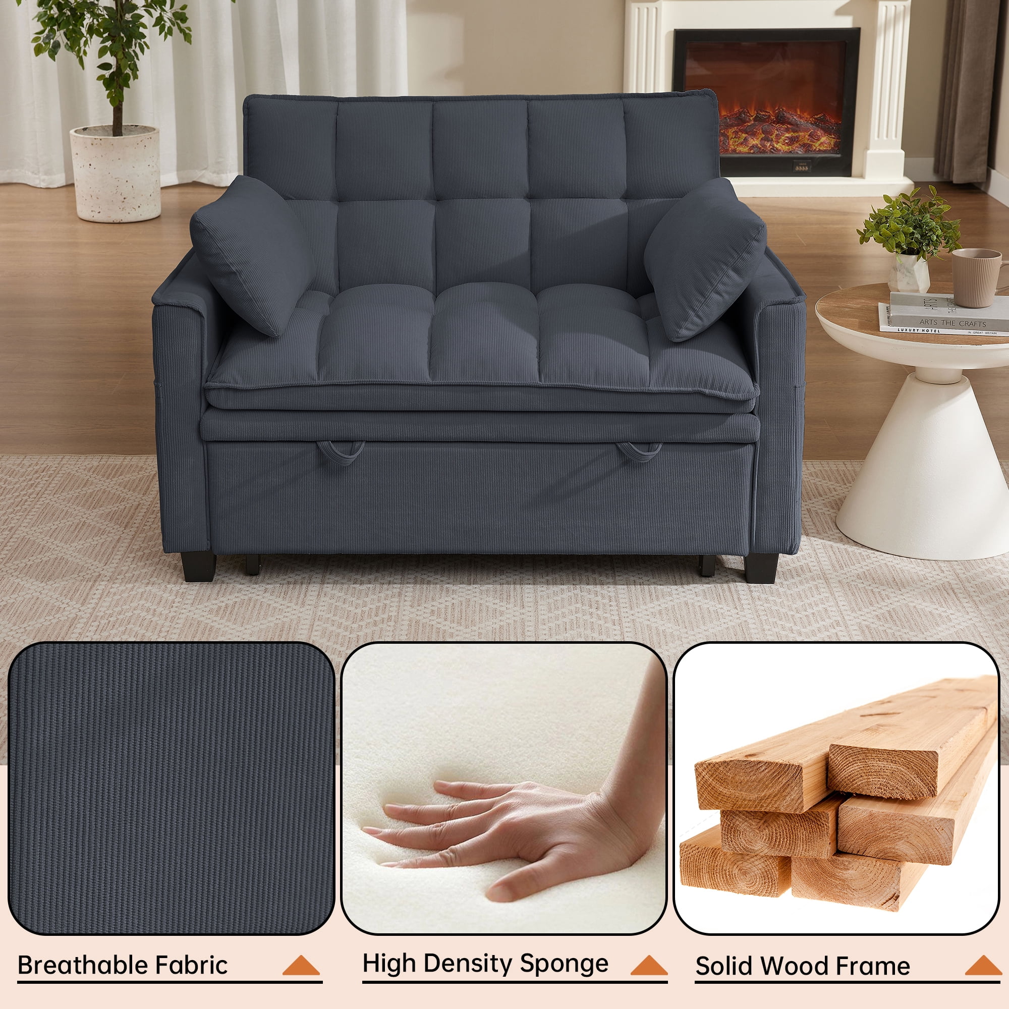 Soscana Convertible Sofa Bed Loveseat with Adjustable Backrest,3 in 1 Sleeper Sofa Pull Out Bed Reclining Couch with 2 Lumbar Cushions and Storage Side Pockets for Living Room,Apt,Office,Studio