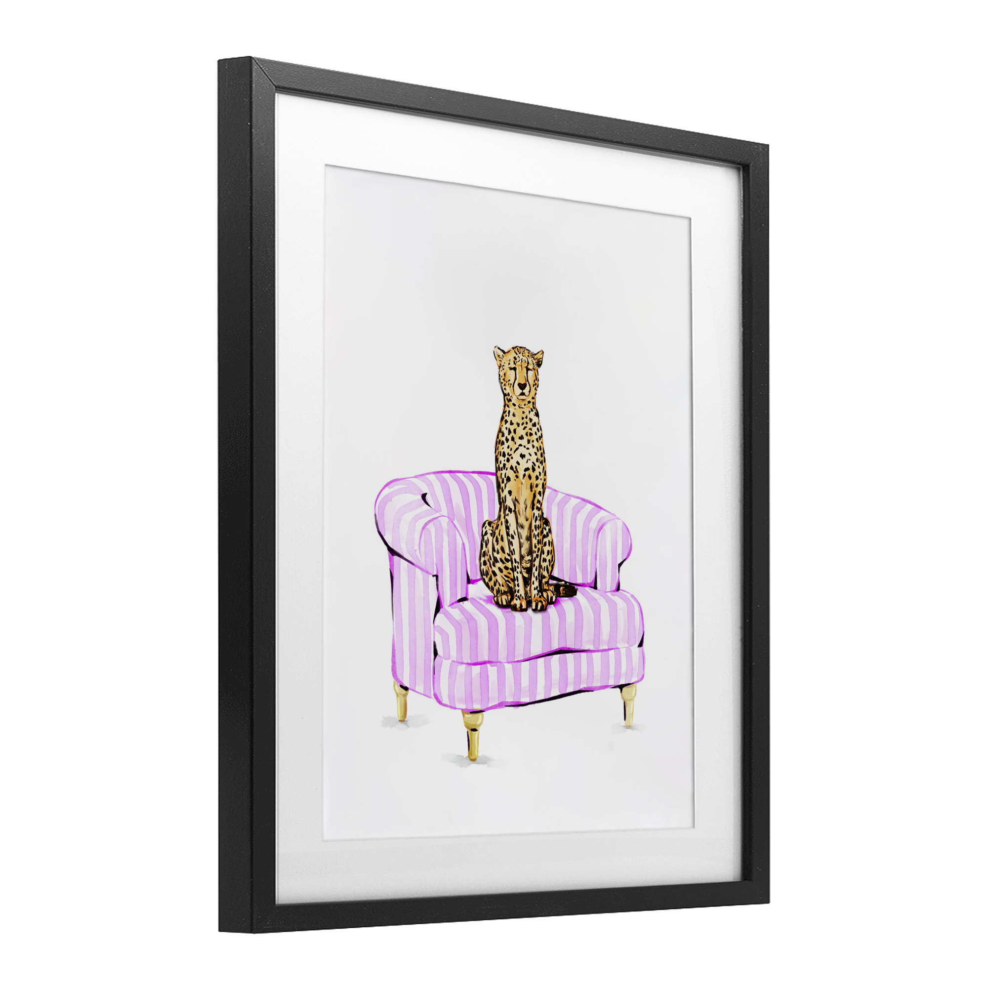 Cheetah on Pink Stripe Chair Black Framed Print Under Glass, design by Ziwei Li