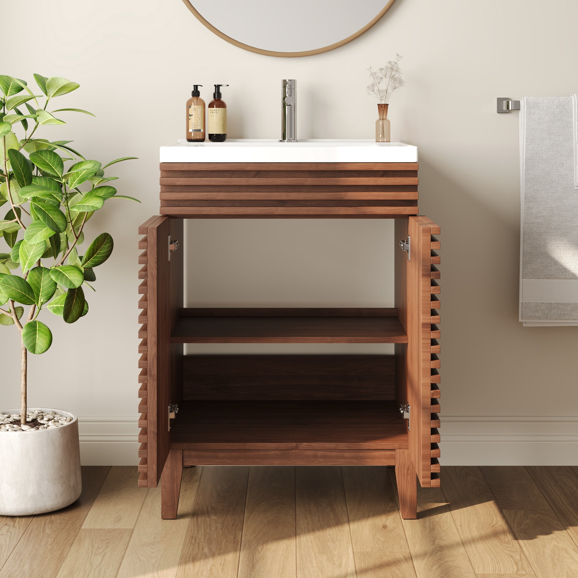 24" Bathroom Vanity with Ceramic Sink Top, Pre-assembled Mid-Century Wood Bathroom Cabinet Walnut