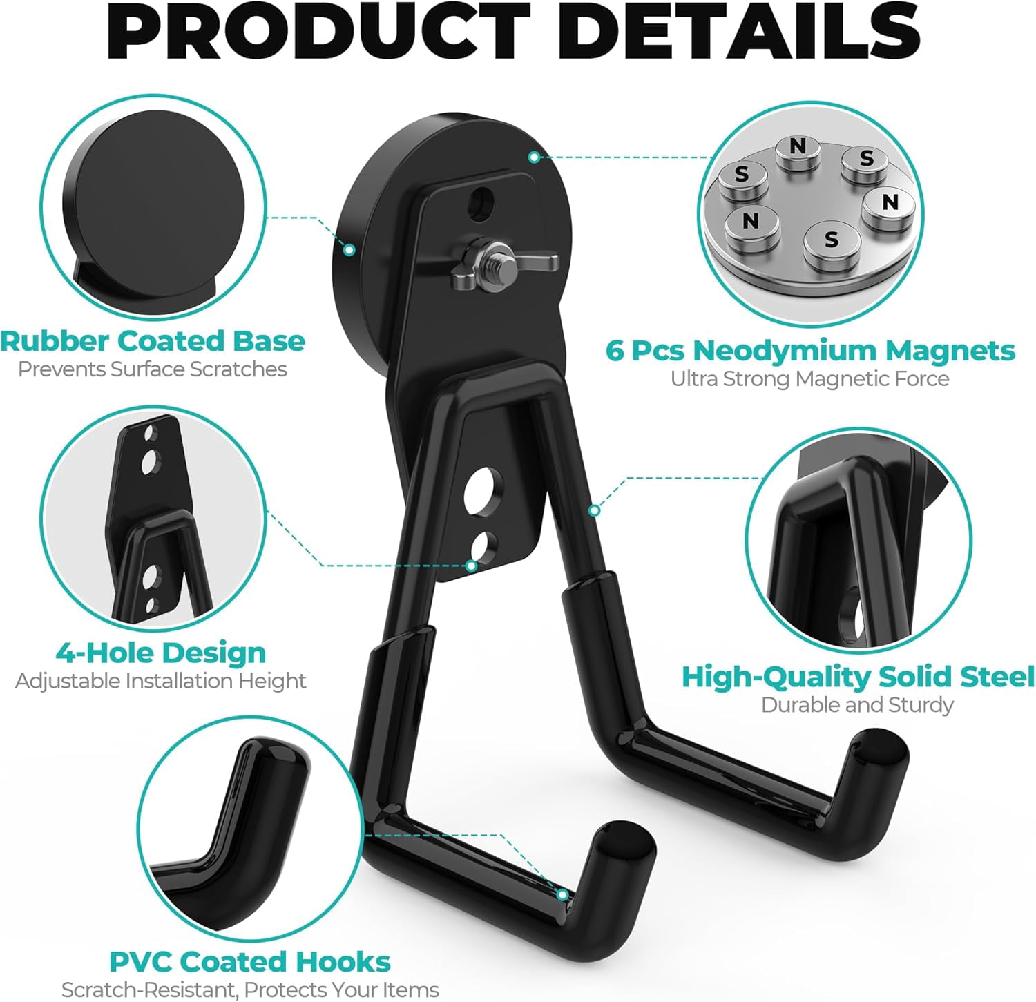 JJEAN-2 Pack Heavy Duty Magnetic Hooks, Large Strong Magnet Hooks with Anti-Slip Rubber Coating, No Drill Magnetic Tool Hanger for Garage, Workshop, Tool Cart and Garden Tools Organization(Black)
