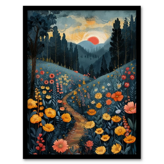 Artery8 Wildflower Path at Sunset Floral Nature Landscape For Living Room Art Print Framed Poster Wall Decor 12x16 inch