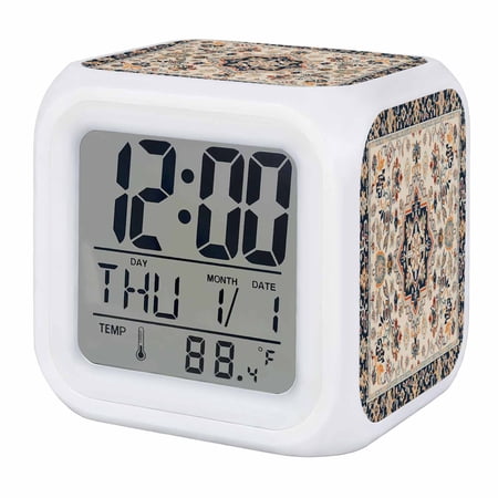 Blue Boho Digital Alarm Clock for Bedrooms,Smart LED Alarm Clock with 7 Color Changing Night Light,Ethnic Vintage Mexican Flowers Southwestern Silent Wake Up Clocks for Sleep Study Cooking 3.2x3.2