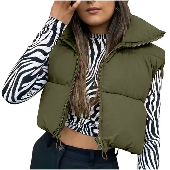 Ikevan Women Coats Winter Crop Vest Lightweight Sleeveless Warm Outerwear Vest Padded Gilet Tops Army Green 8(L)