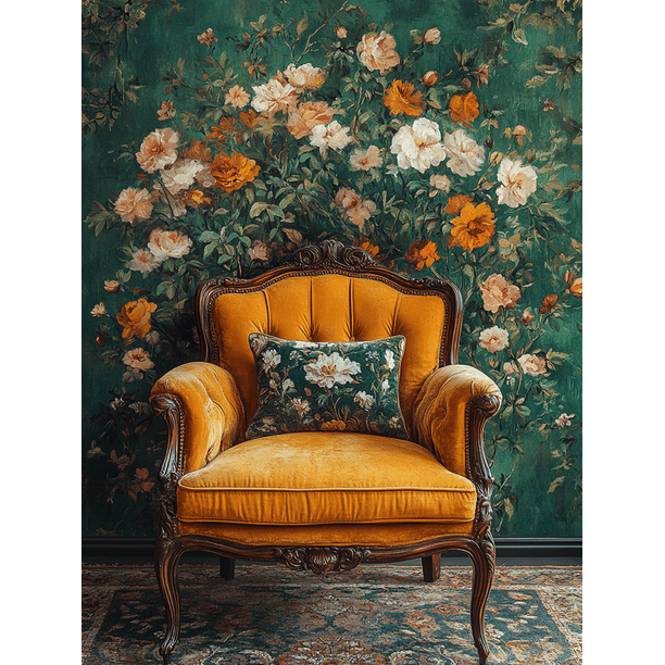 Qisvanset 12x16 Inch Vintage Antique Chair Canvas Wall Art, Green Gold Tone Furniture Art Elegant Living Room Decor