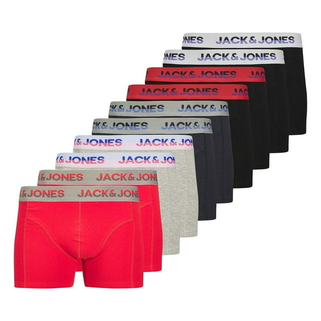JACK&JONES calzoncillos bóxer para hombre, lote de 10 - JACJADON SOLID TRUNKS 10 PACK, calzoncillos, algodón elástico Rojo/Gris/Negro M (Medium)