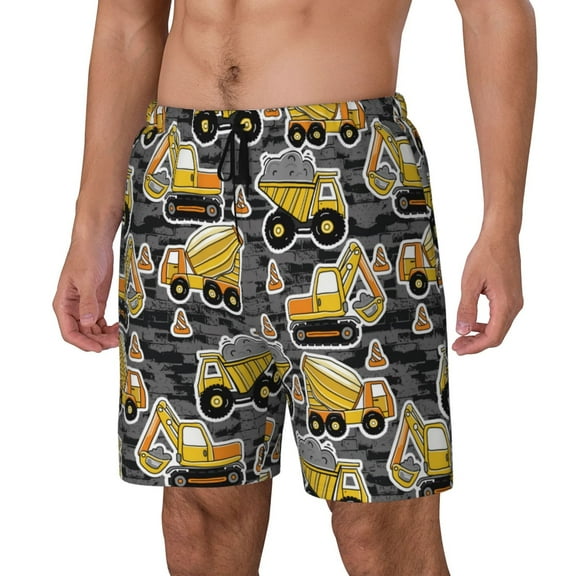 Logiee Excavator At Work Print Men's Swim Trunk,Quick Dry Board Shorts ,Men's Swim Trunks with Compression Liner, Bathing Suits with Pockets-Small