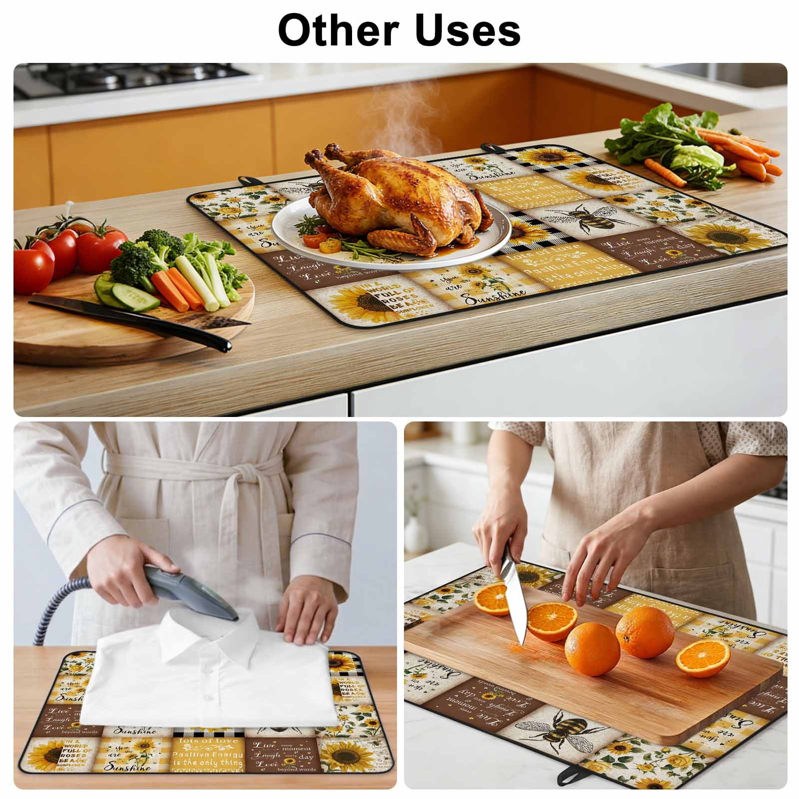 Sunflowers Stove Top Cover for Electric Stove, Heat-proof & Non Slip Glass Top Stove Cover Protector, Retro Country Butterfly Bee Floral Plaid Kitchen Flat Cooktop Rubber Mat 24x21 Inches