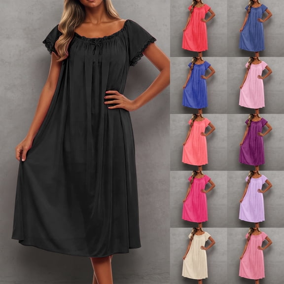 LINGLANG Women's Solid Color Ice Silk Nightgown Short Sleeve Loose Lounge Sleep Dress with Lace Trim, Breathable Cooling Fabric Soft Lightweight Summer Sleepwear Nightshirt Casual Homewear for Women