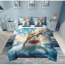 Feelyou Kawaii Ocean Sealife Twin Bedding Sets 7-Piece, Cat Riding Shark Bedding Comforter Set, Teens Boys Girls Kids Reversible Sheet Sets, Microfiber Bedroom Decor