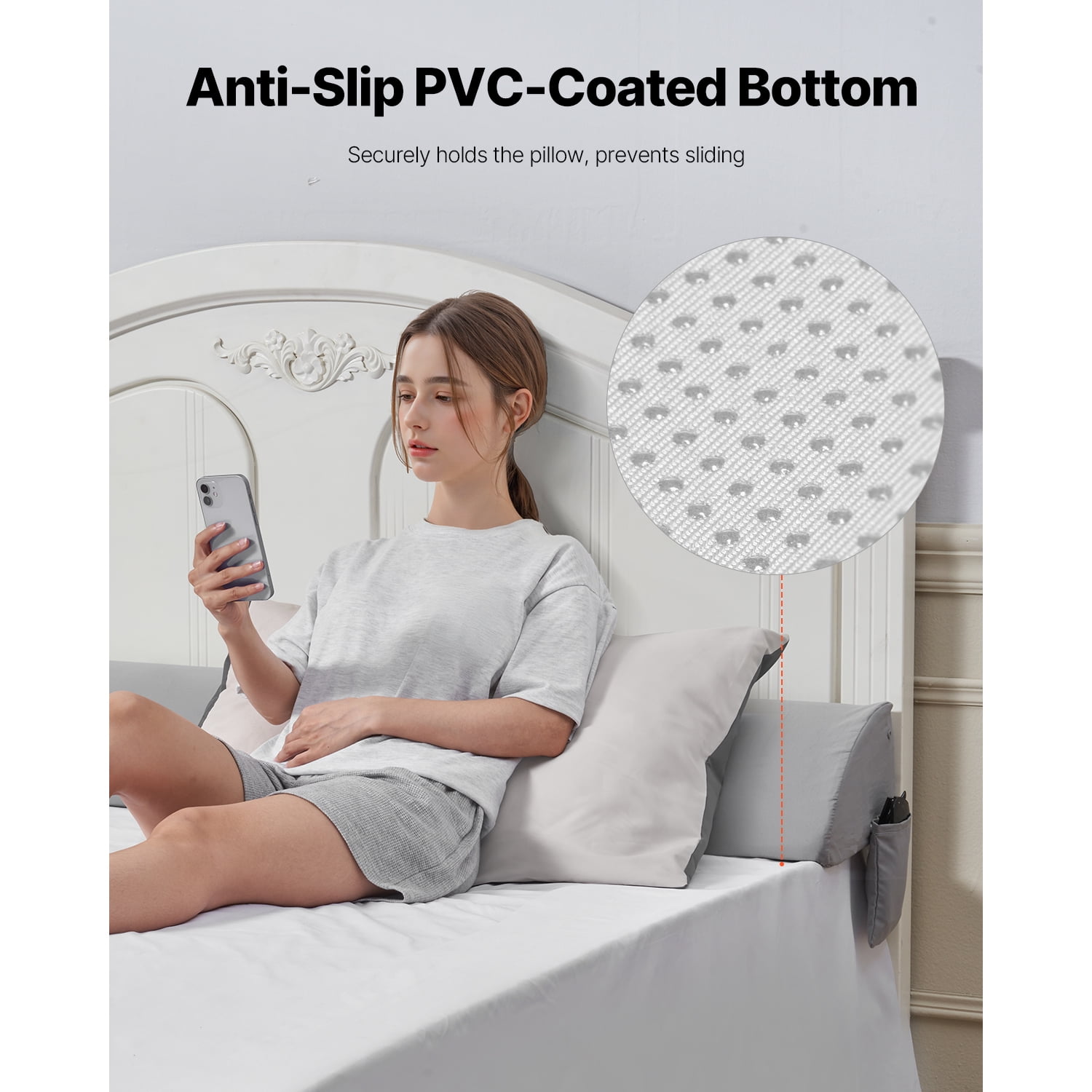 KFFKFF King Size Bed Wedge Pillow, 72"x10"x6" Gap Filler for Headboard, Adjustable Foam Pillow to Fill 0-7" Gap Between Mattress and Headboard, Includes Side Pocket, Gray