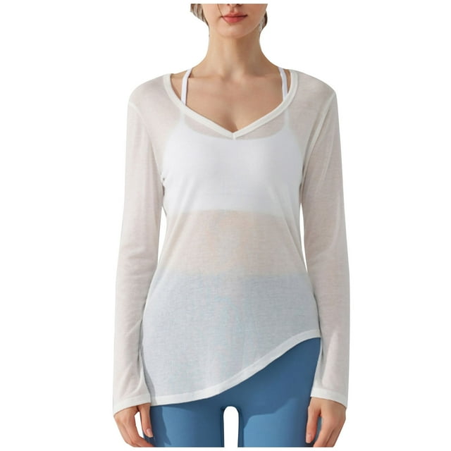 aidice Workout Tops for Women Yoga V Neck Long Sleeve Loose Thin Athletic Drawstring Irregularly Tops