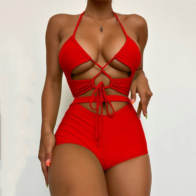 WREESH Women Solid Color Backless Bikini One-Pieces Swimwear Swimsuit Beachwear Set