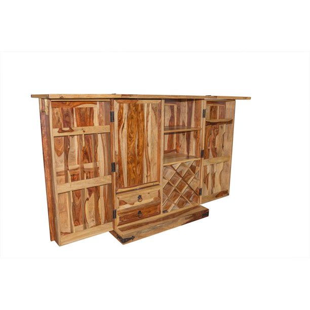 Sante Fe Solid Sheesham Wood Bar Cabinet With Bottle Wine Glass Storage Walmart Com Walmart Com