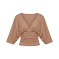 thumbnail image 6 of VBVC Women's Ruched V-Neck Batwing Sleeve Crop Tops , Ladies' Front Gathered Blouses , Casual Fitted Cropped Shirts For Women,Khaki,S-3XL, 6 of 6