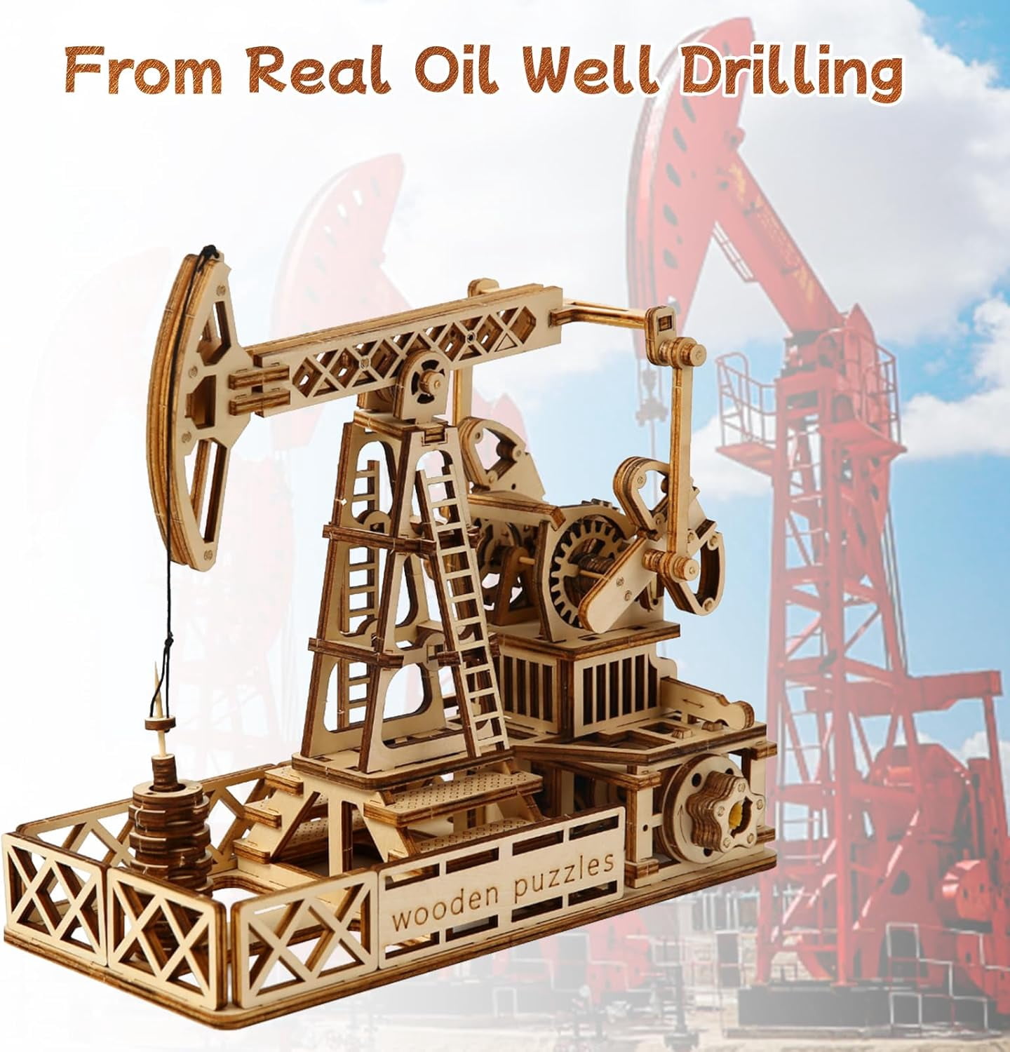 3D Wooden Puzzle for Adults, Mechanical Oil Well Drilling Rig Puzzle, DIY Vehicle Model Building Kit Handicraft Wood Craft Hobbies Toy, Birthday for Hobbyist 14+ Family Women Men, 186 Pcs