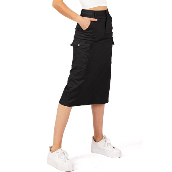 Wax Jean Womens Juniors High Waist Back Slit Midi Cargo Skirt (Black, Small)