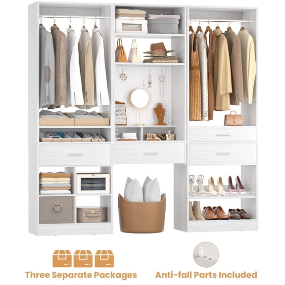 Homieasy 75" Freestanding Closet System with Adjustable Shoe Shelves and Drawers - Modern White Armoire Wardrobe Closet Set with Magnetic Pegboard, Compartmentalized Drawers, and Hanging Rods,White