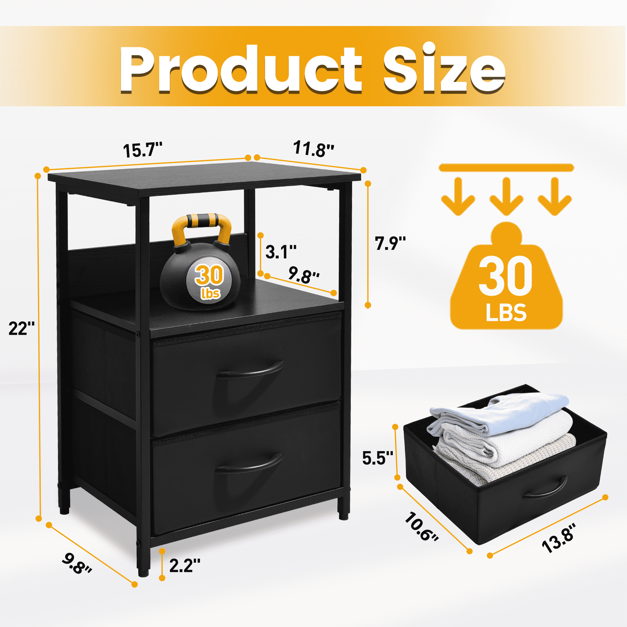 OUTMASTER Black Nightstand with 2 Drawers,Sturdy Bedside Table for Bedroom,Classic Bedroom Side Table