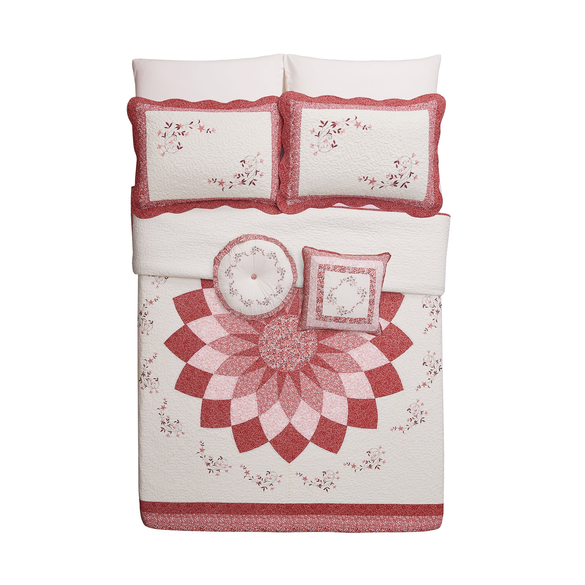 Modern Heirloom Caroline Red Embroidery Decorative Pillow, Round