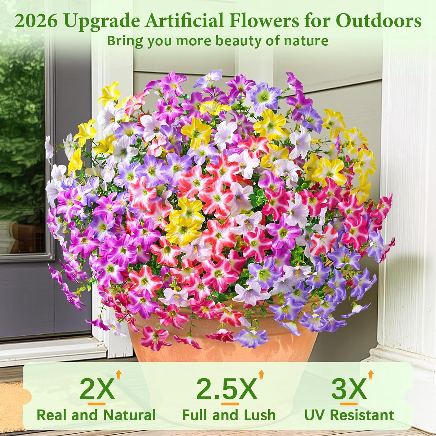 Yastouay 24 Bundles Artificial Petunias Flowers for Outdoors,UV Resistant Fake Flowers for Planters,Mixcolor Faux Petunias Silk Flowers for Proch Garden Yard Decor