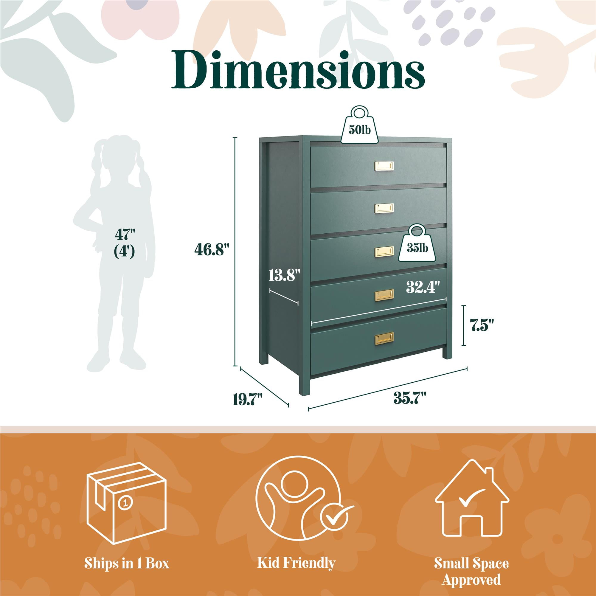 Max & Finn Haven 5-Drawer Kids' Dresser, Hunter Green