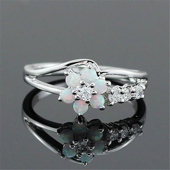 Exquisite Round Cut White Opal Stone Silver Color Flower Women Rings Inlay Zircon Jewelry Ring