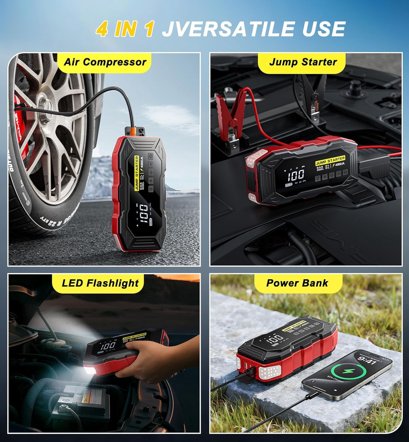 Jump Starter with Air Compressor 4000A 10000mAh 150PSI Portable Car Battery Jump Starter (All Gas/10L Diesel)