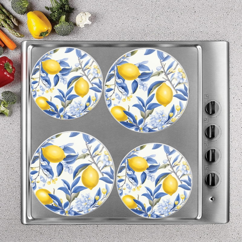 Bahomeck Electric Stove Burner Covers Set Of 4,Lemon Tree With Lemons And Blue Flowers On White Background Metal Gas Stove Burner Covers,Protecting Gas Stoves,8 Inch And 10 Inch