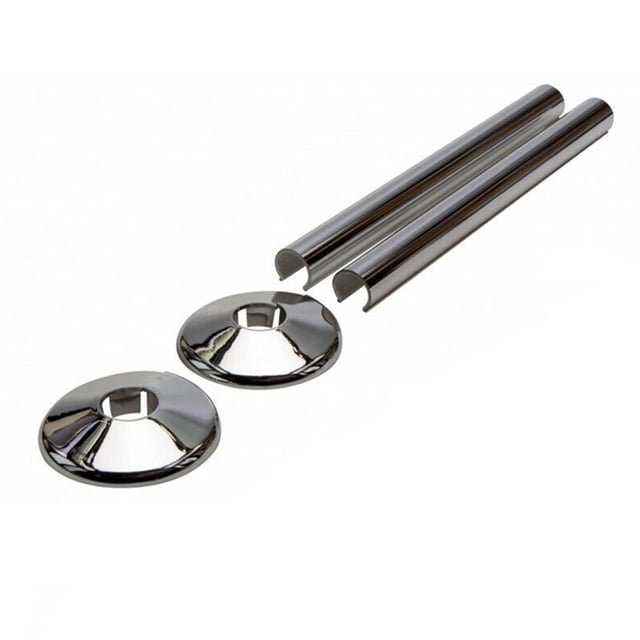 2 pk Pipes Radiator Pipe Covers sleeve 15mm Collars Cut Fit Bathroom Chrome