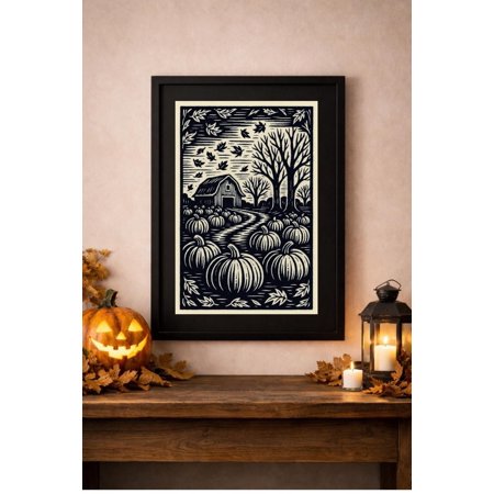 Pumpkin Field Linocut Wall Art Print With Autumn Barn And Harvest Decor Unframed Paper Print