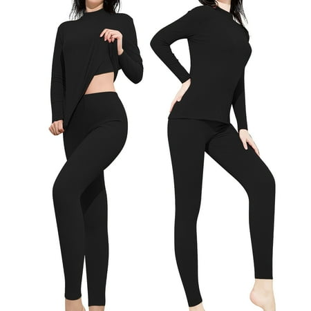 

Women s Mid Collar Long Sleeve Double Sided Brushed Warm Solid Color Slim Bottom Outer Wear Long Sleeve Thermal Underwear Set Thermal Nnderwear Set Black M