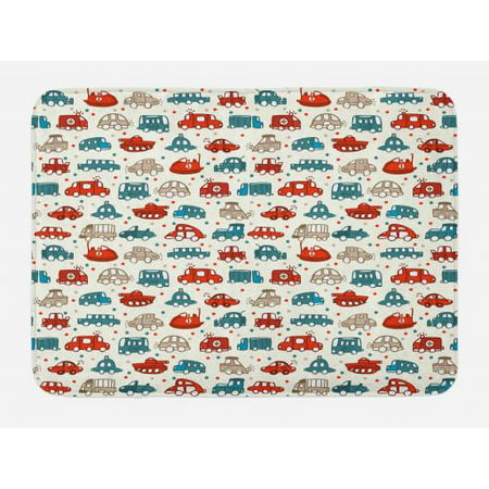 Cars Bath Mat, Cheerful Baby Boy Play Things in Kids Doodle Style with Many Different Vehicles, Non-Slip Plush Mat Bathroom Kitchen Laundry Room Decor, 29.5 X 17.5 Inches, Teal Scarlet Tan, (Best Thing To Put In The Bath For Chickenpox)