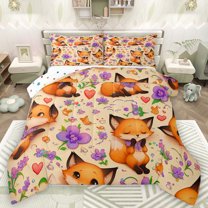 Homewish Cute Wild Fox Queen Comforter Set,Rustic Flower Floral Bedding Sets,Purple Orange Beige Bedding Comforter Set For Girls Kids,Breathable Home Decor Reversible,3pcs