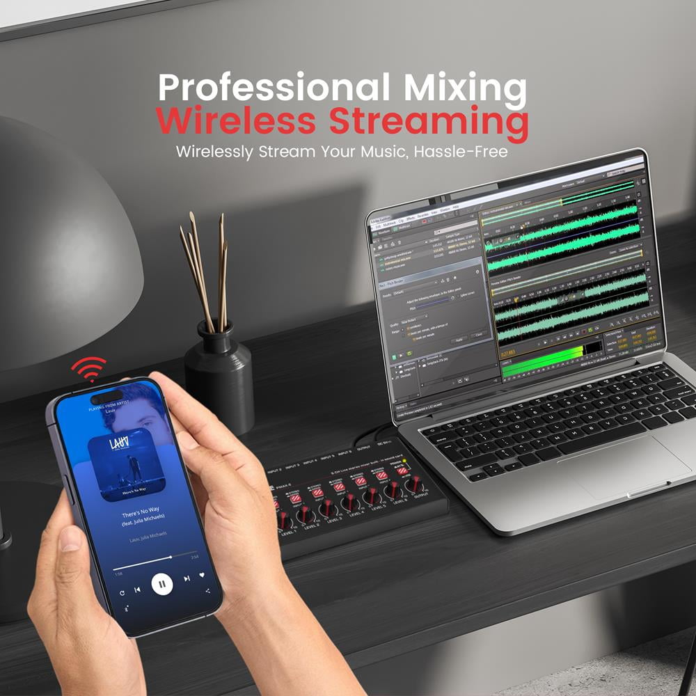 6-Channel Wireless BT Streaming Mini Line Mixer with USB Audio Interface - 6 Mono/Stereo Switching Inputs
