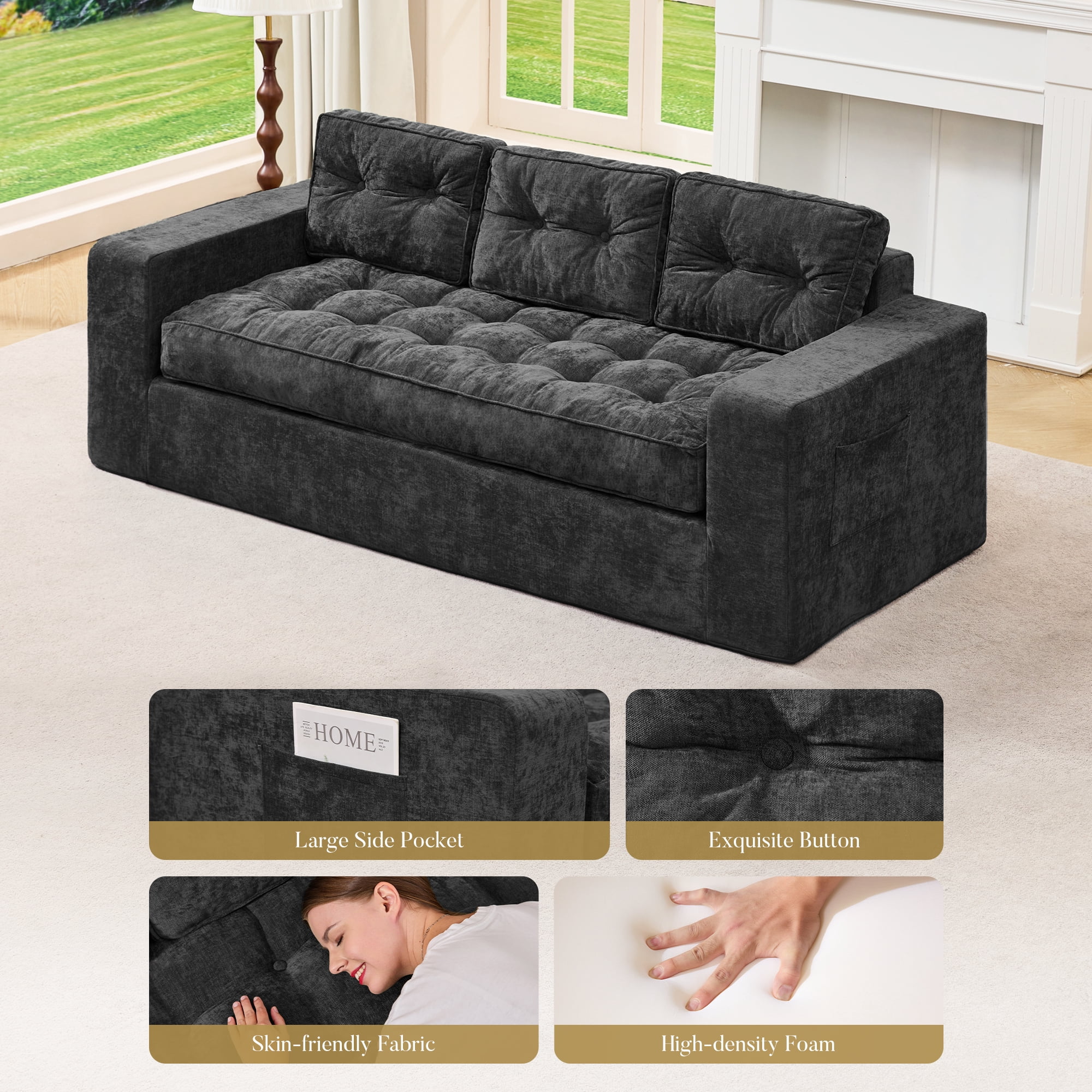Hobestluk 3-Seater Sofa Boneless Couch with Tufted Button Design 2 in 1 Comfy Cloud Couch Oversized Sofa for Living Room Bedroom Apartment or Office (Grey, 3 Seater)