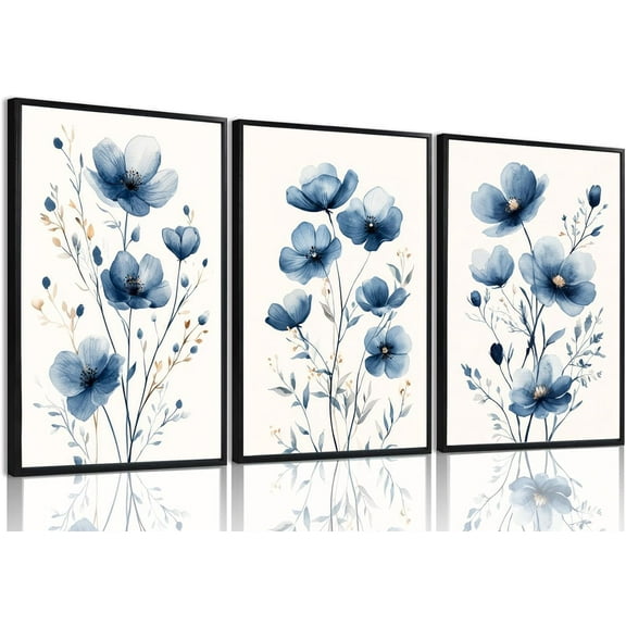 FCCUYE Navy Blue Wildflower d Canvas Wall Art Set Of 3 Flowers Pictures Prints Flowers Printing Floral Watercolors Flower wall Decor Living Room Bedroom Dinning Room Farmhouse Office-12x16in
