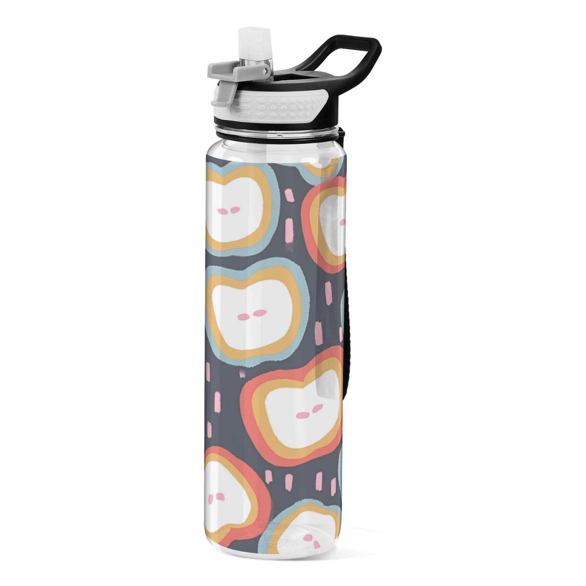 1000ML Transparent Sports Water Bottle with Handle & Straw Portable Water Bottle for Outdoor Camping Gym Apple Slices