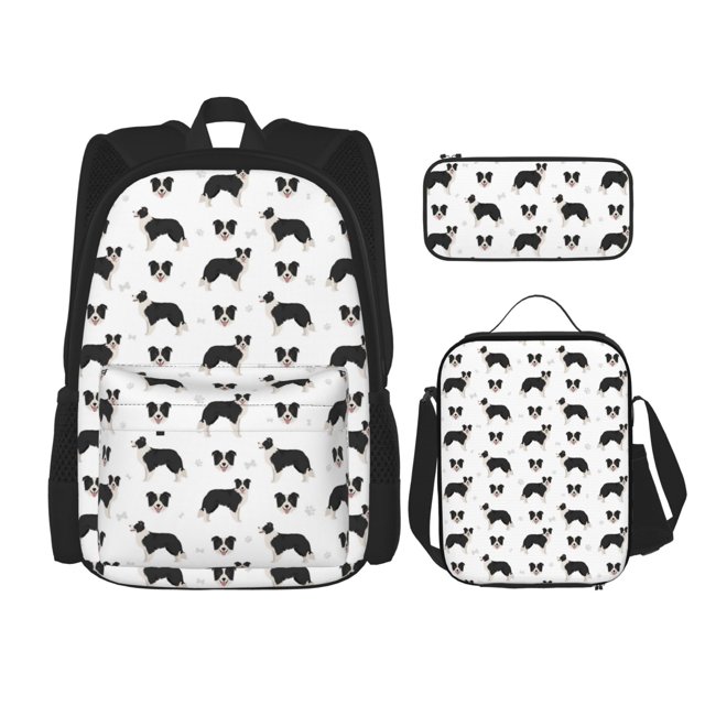 Disketp Border Collie Dog Mochila Estampada de Gran Capacidad con Lonchera y Estuche, Set de 3 Piezas para Estudiantes