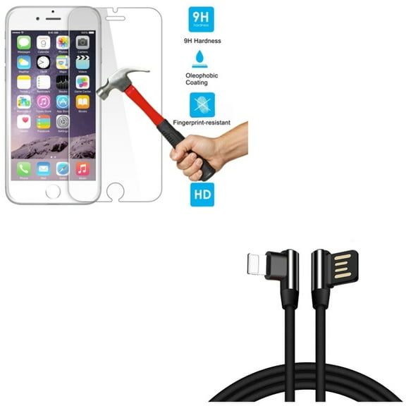 iPhone 8/7/6S/6 - 10ft Angle USB Cable w Tempered Glass Screen Protector - Charger Cord Power Wire Sync 90 Degree, HD Clear 2.5D Round Edges Display Cover Guard for iPhone 8/7/6S/6