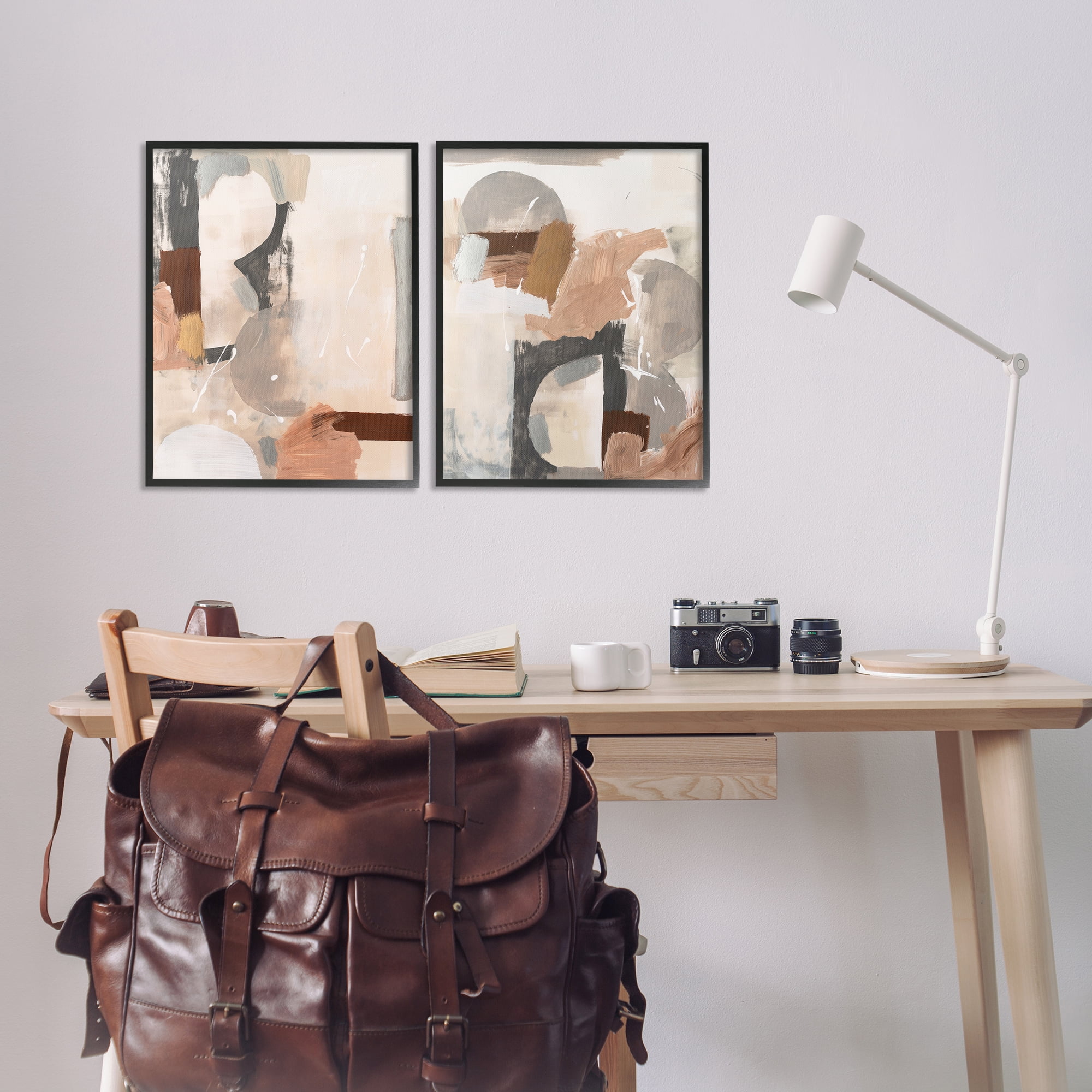 Stupell Industries Abstract Neutral Shapes Brown Abstract Painting Black Framed Art Print Wall Art, 16 x 20, Set of 2