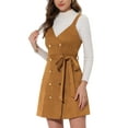 thumbnail image 4 of INSPIRE CHIC Women's V Neck Button Up Belted Overall Faux Suede Dress Brown XS, 4 of 5